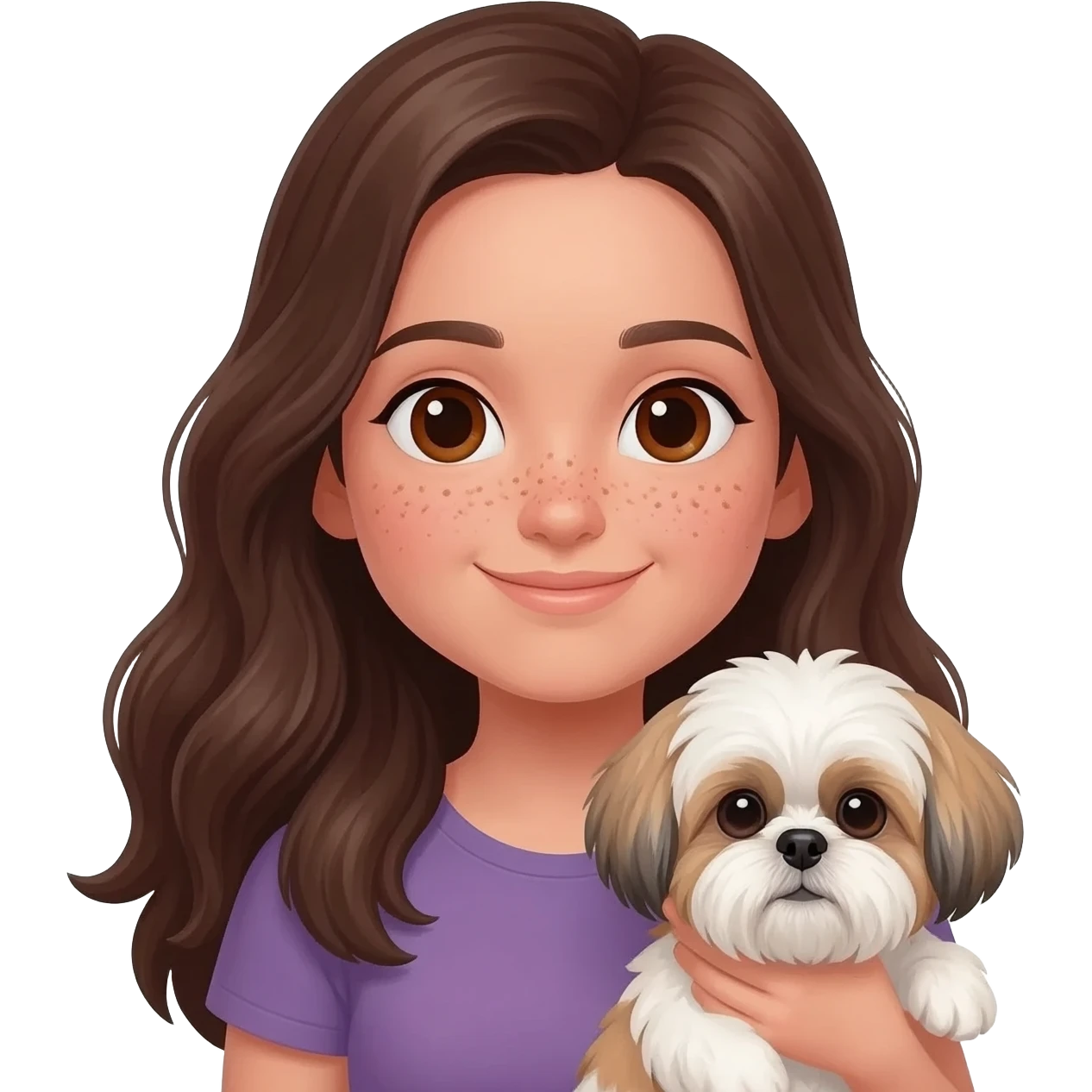 Brunette girl with long hair and beauty spots holding shih tzu emoji