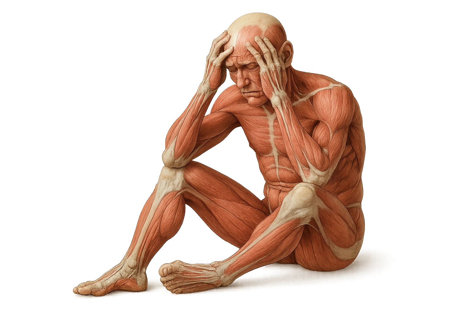corpo umano anatomico realistico seduto a terra con postura delle spalle chiuse, mani sulla fronte ed espressione disperata in volto, isolato su sfondo bianco emoji