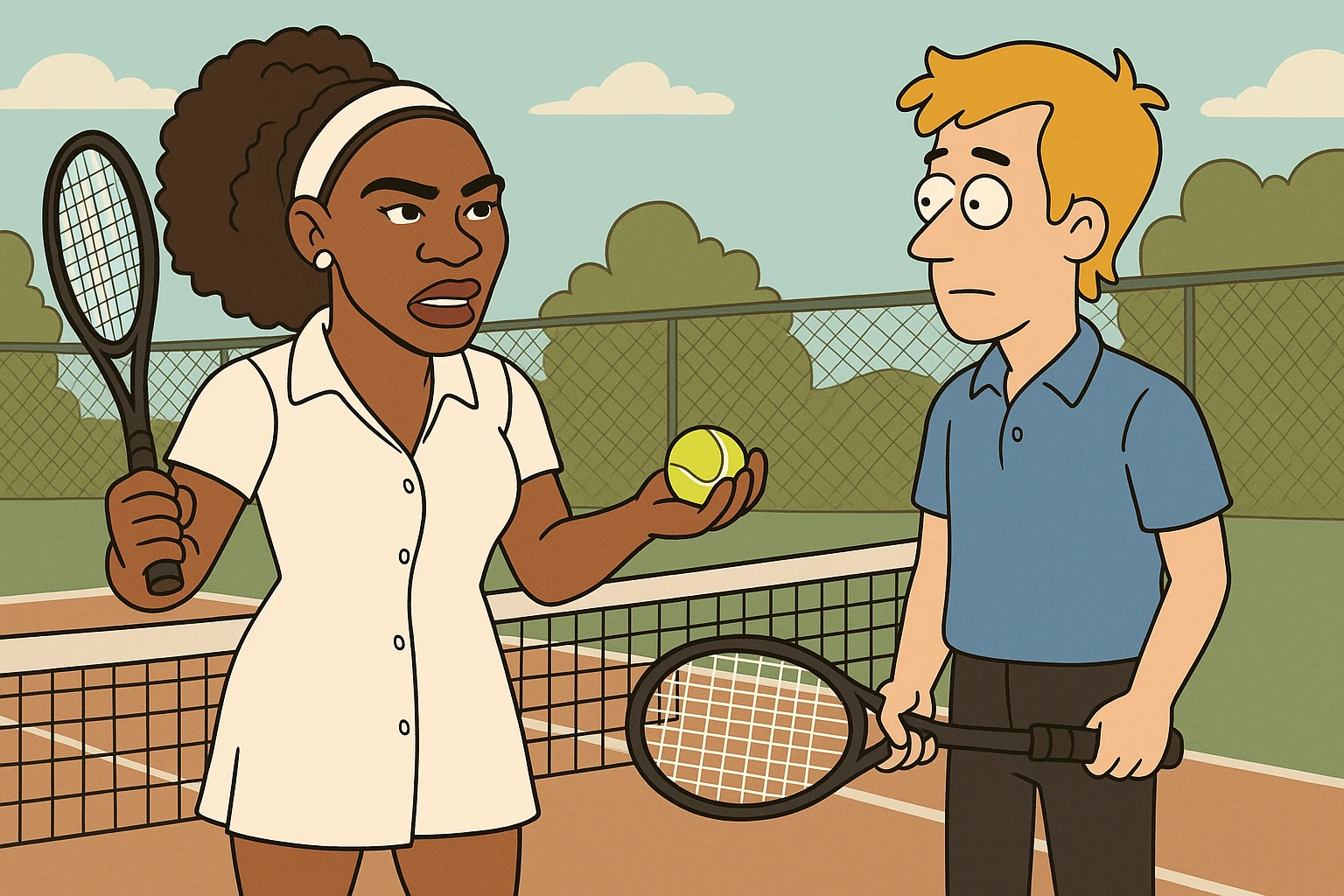 Serena Williams white shirt dress tennis racket one ball tennis a man dark yellow hair blue shirt black trousers tennis racket tennis court background  emoji