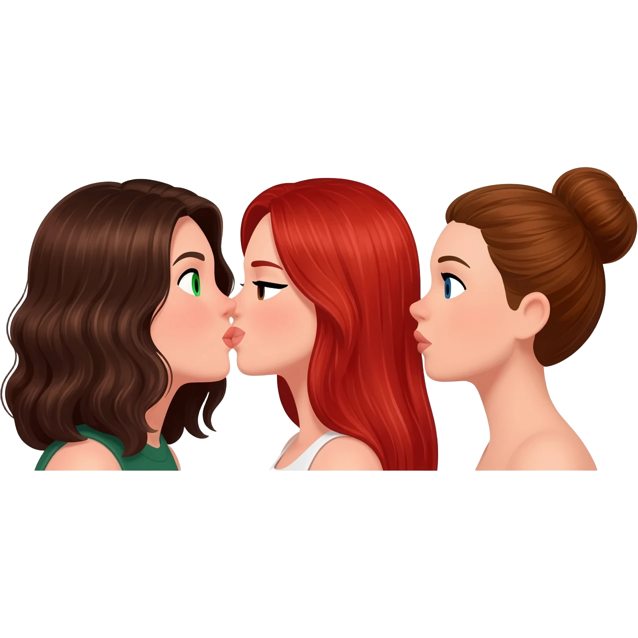 Même  photo mais les filles s’embrassent bisou  :Emoji trouplr femme: à gauche: brune cheveux aux épaules, ondulés et châtain foncée, yeux verts. Au milieu rousse aux yeux noirs, cheveux longs et raides. À droite : châtain avec chignon et yeux bleus. Les trois sont de couleur de peau blanche. emoji