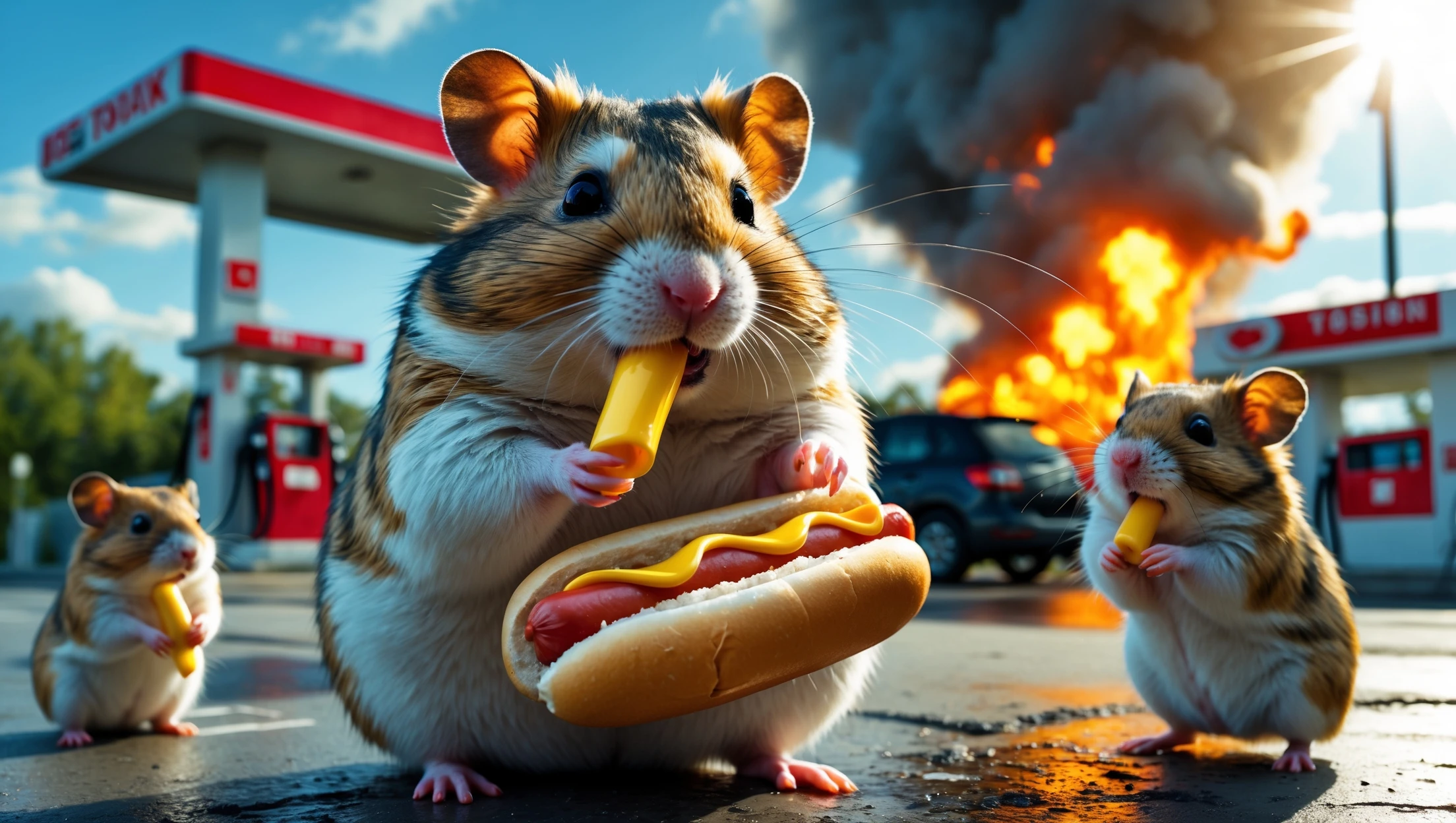 Cinematic still of A portrait of a fat hamster eating hotdog on gas station, gas station is in fire, other hamster fun away, sunny day, back light explosion , gas station named "Tosiek" (Realistic) emoji