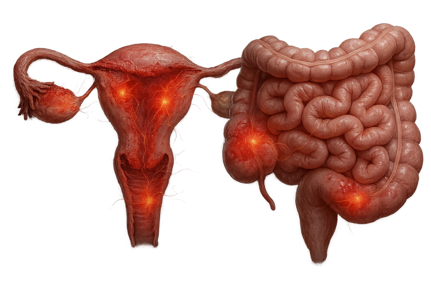 utero umano anatomico iperrealistico e intestino umano anatomico iperrealistico hanno in comune il dolore e l'infiammazione, rendi bene il collegamento tra i due organi doloranti, falla iperrealistica, non disegnata emoji