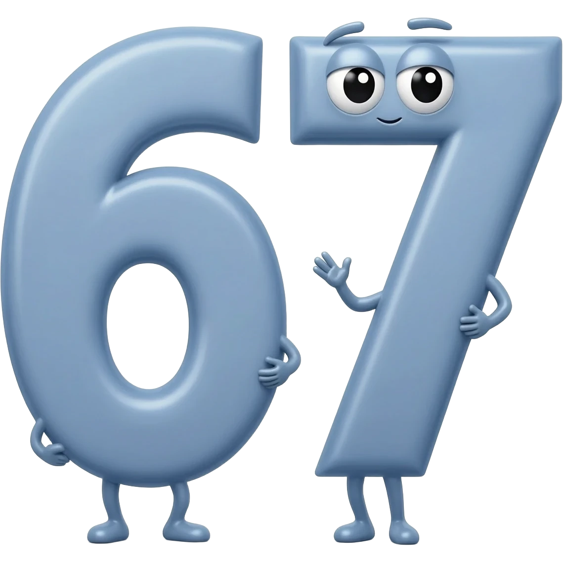 Cyan Number 67 with arms and legs and the face emoji