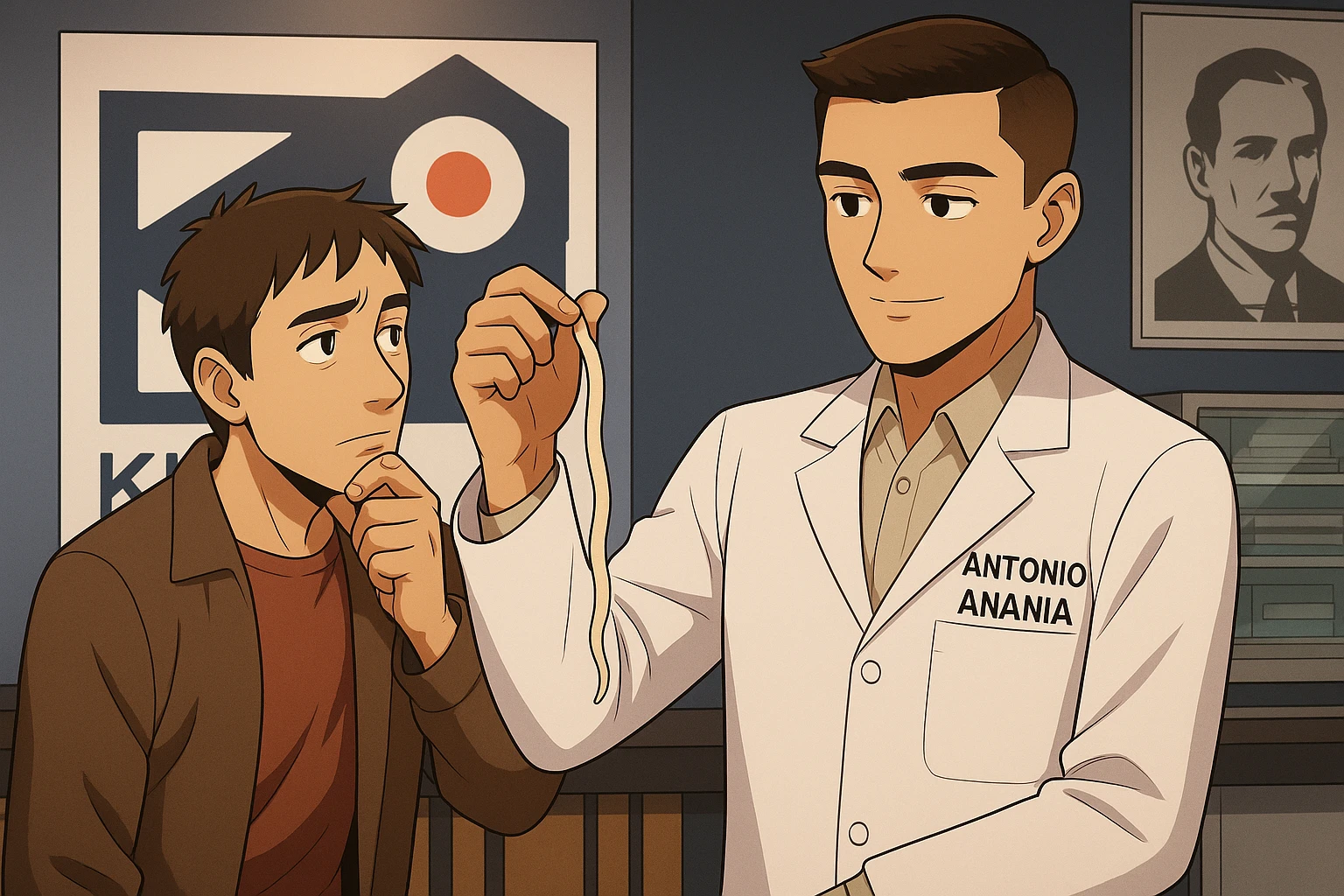 fai un webtoon manga a colori con questo stile, in cui un uomo ascolto il kinesiologo con il camice bianco (fagli anche la scritta "ANTONIO ANANIA" SUL CAMICE, il kinesiologo con il camice mostra un verme lungo e beige chiaro all'uomo, IL KINESIOLOGO SPIEGA ALL'UOMO UNA cosa. L'UOMO ha un ESPRESSIONE pensierosa IN VOLTO mentre si tocca il mento con l'indice. non fare i fumetti però, fai solo in modo che sembri stiano parlando emoji