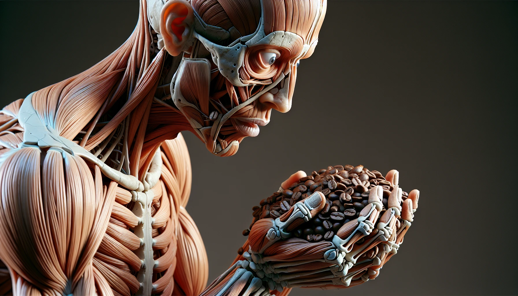 corpo umano anatomico che tiene in mano una manciata di chicchi di caffè e la guarda come se fosse dipendente da essa, stralunato, iperrealistico 4k emoji