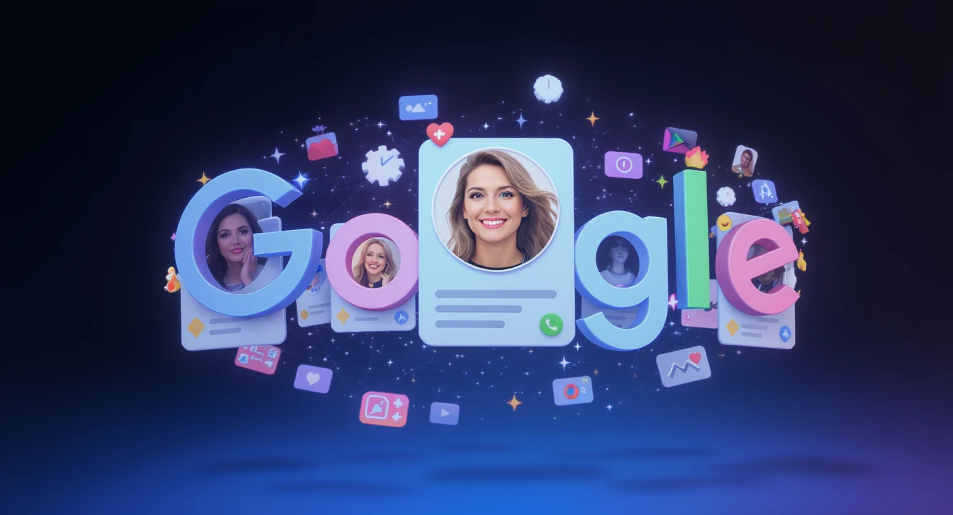 Graphic of a flying aroundg google profiles with 3d disney style faces of people (Gradient black and blue background) emoji