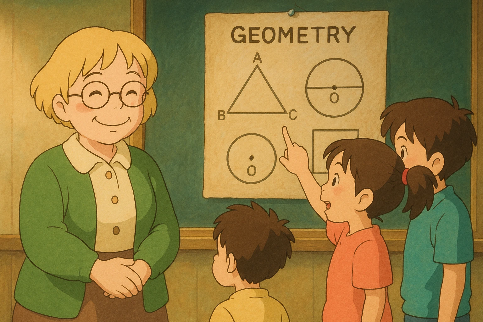 Profesora rubia de pelo corto con gafas redondas, muy sonriente, observando a tres alumnos que le explican una diapositiva sobre geometría, estilo ghibli emoji
