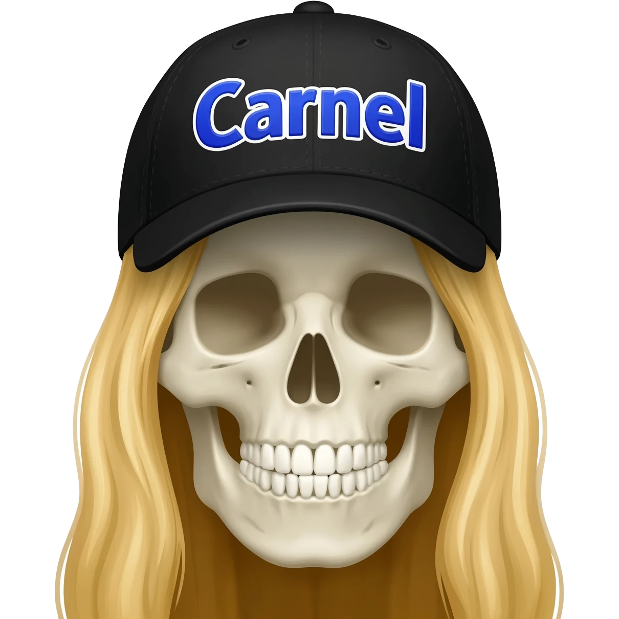 Create a skeleton head wearing a black baseball cap that says " Carnel " in blue, and white lettering, with long blonde hair emoji