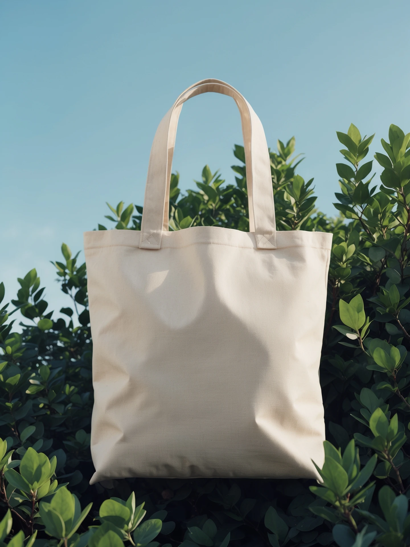 High-resolution mockup of a minimalist canvas tote bag, placed perfectly centered on the canvas. The tote bag is made of natural cotton fabric, light beige color, with a simple and elegant look. Background features a deep green organic bush, clean blue sky above, bright daylight, emoji