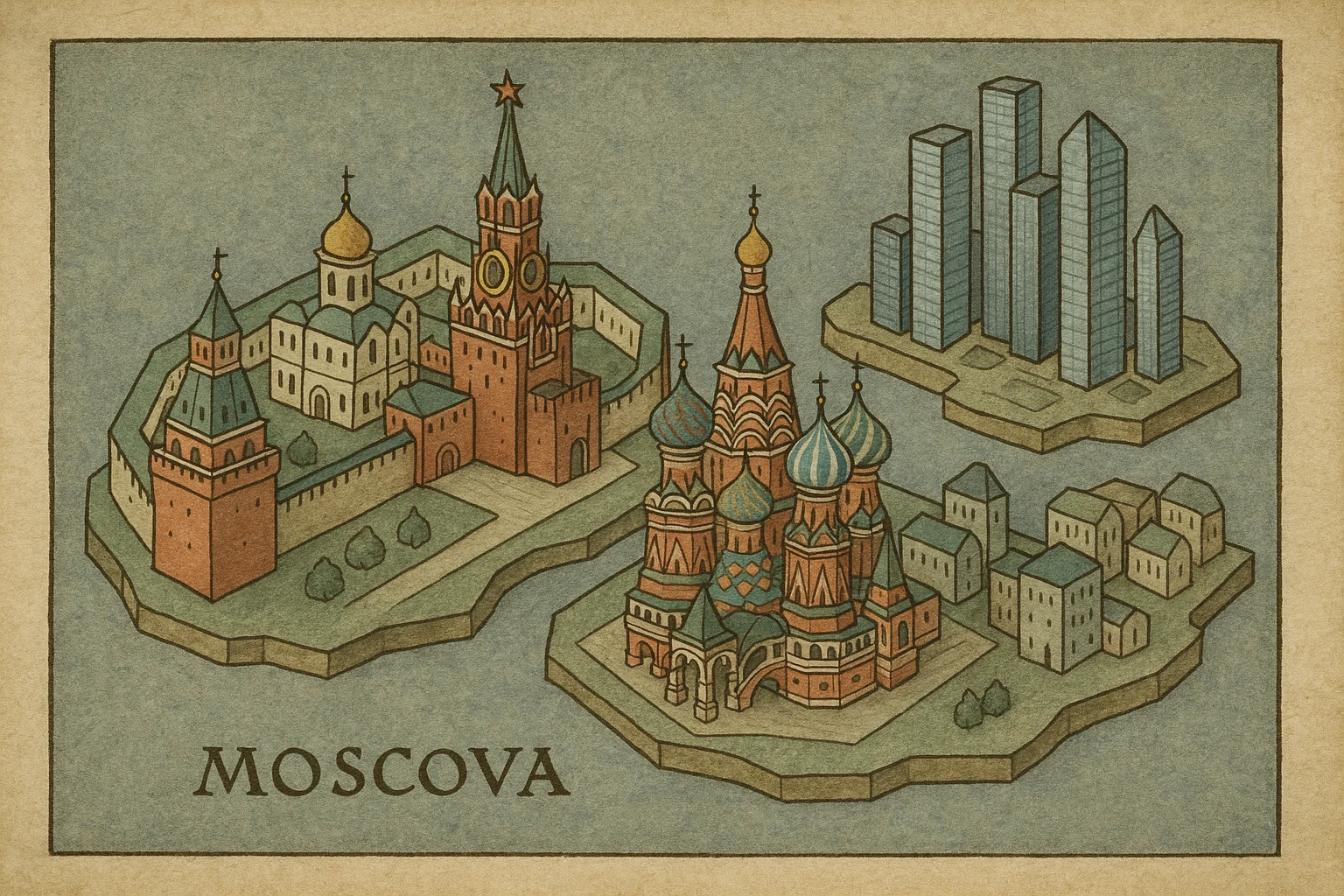 Изометричная миниатюрная 3D модель Москвы - фотореалистичный Кремль, собор Василия Блаженного, Сити, аккуратная детализация, яркие цвета мультяшный реализм, компактная композиция,  вид сверху в изометрии emoji