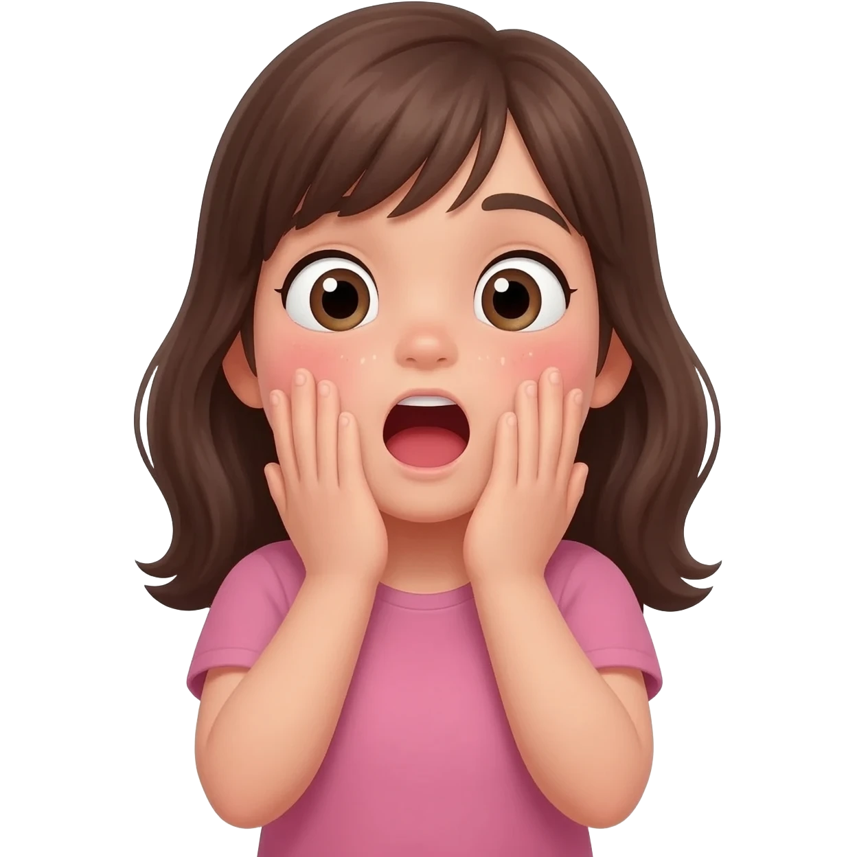 The girl covers her mouth with both hands, her cheeks blushing shyly. Tiny sparkles shine in her eyes, showing a surprised and excited expression. emoji