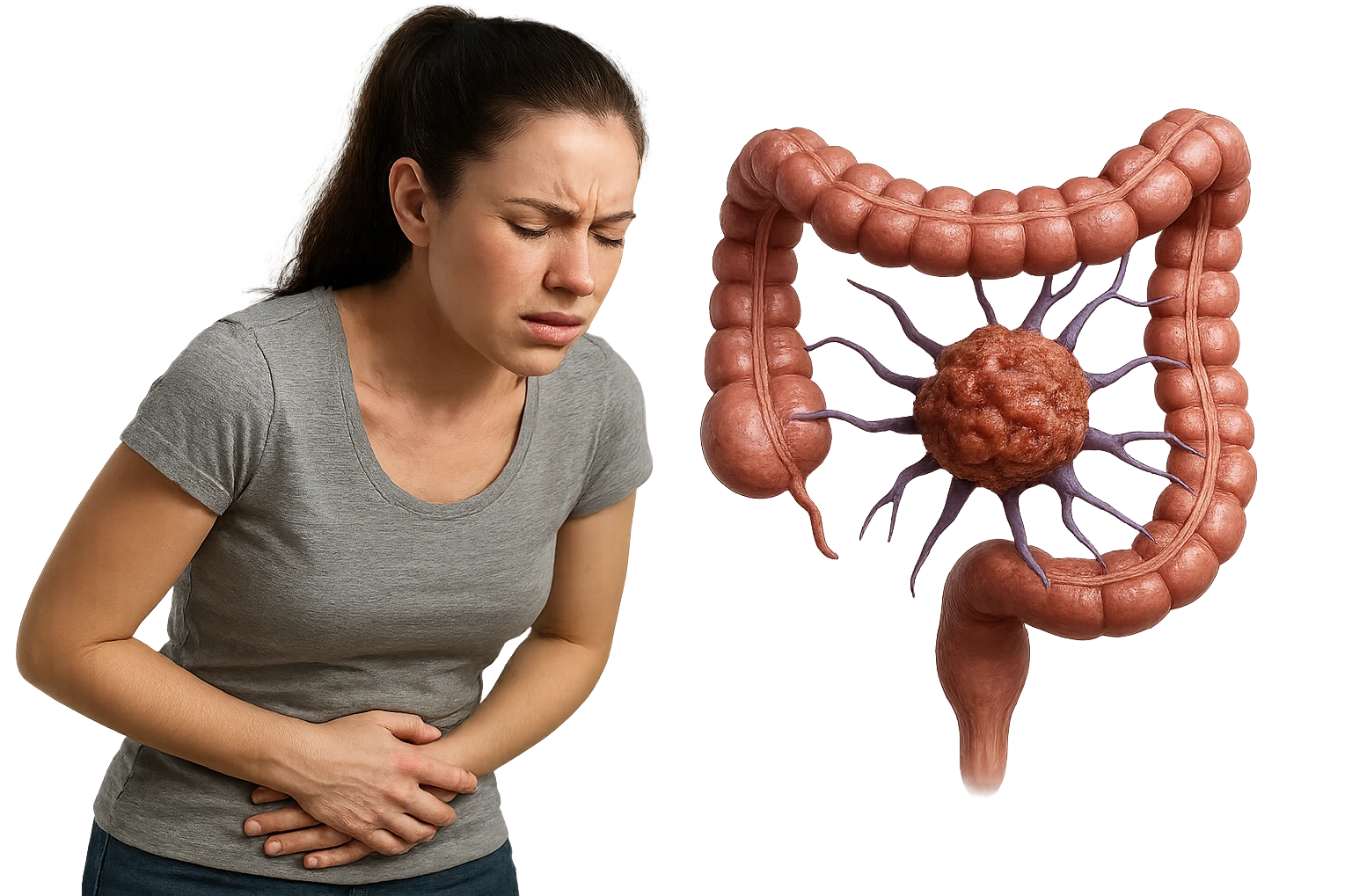 donna giovane piegata in avanti con mal di pancia e cellula tumorale che danneggia il colon, iperrealistica 4k emoji
