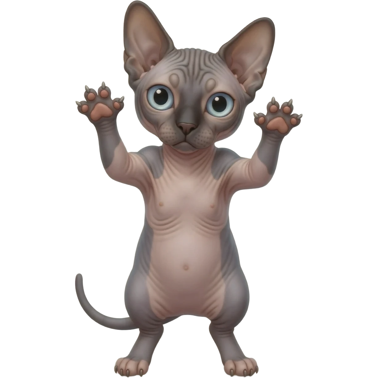 A Sphynx cat raises its front paws with claws up emoji