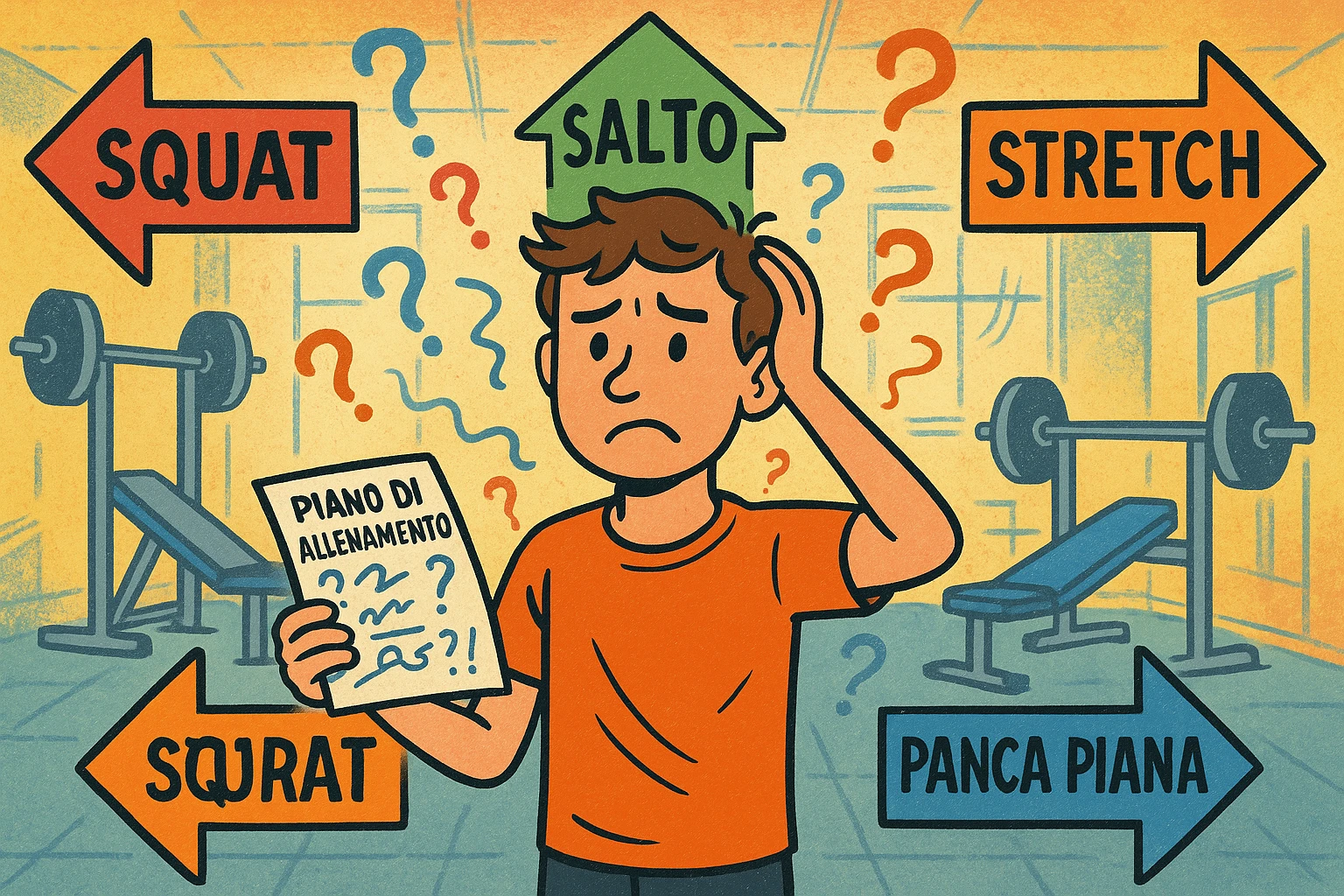 a person stands in the center of a gym, surrounded by arrows pointing in all directions, each labeled with a different exercise (e.g., “squat,” “jump,” “stretch,” “bench press”). The person looks bewildered, holding a workout plan with scribbles and question marks. The scene is colorful but visually messy, symbolizing confusion. in italiano emoji