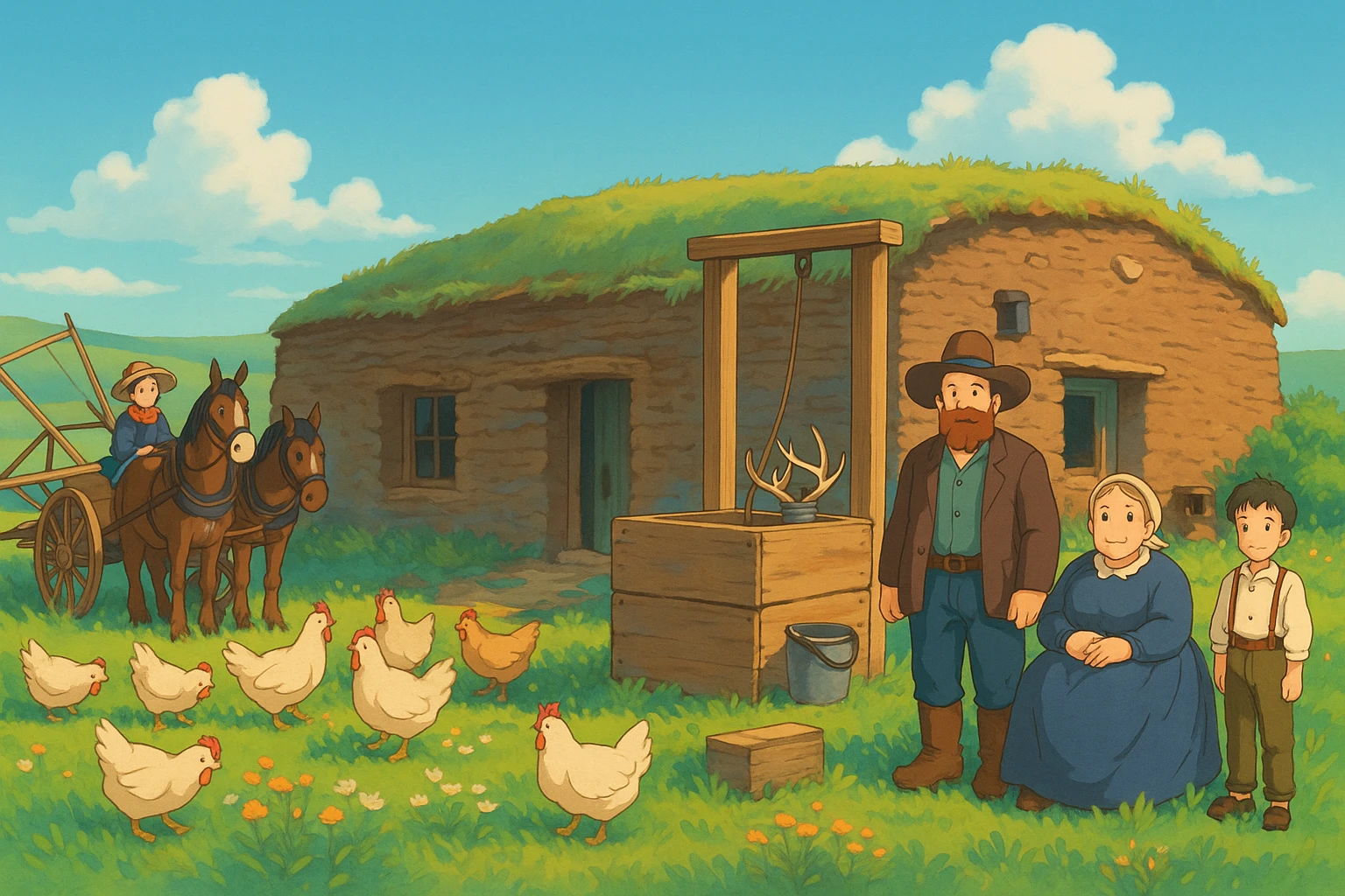 Make a copy of this photo of an early settler family with their sod house, well, plough, horses emoji