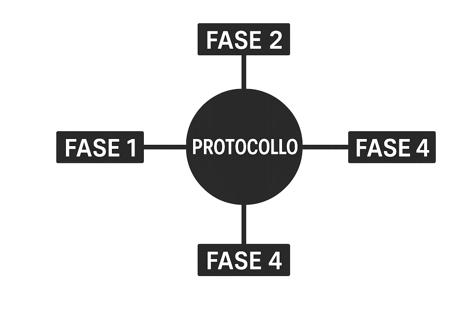 fai uno schemino scritto in bianco con la scritta al centro "PROTOCOLLO" E INTORNO METTI DELLE LINEE DI COLLEGAMENTO CON "FASE 1" "FASE 2" "FASE 3" "FASE 4", DEVE FAR CAPIRE CHE IL PROTOCOLLO SI SUDDIVIDE IN 3 FASI emoji