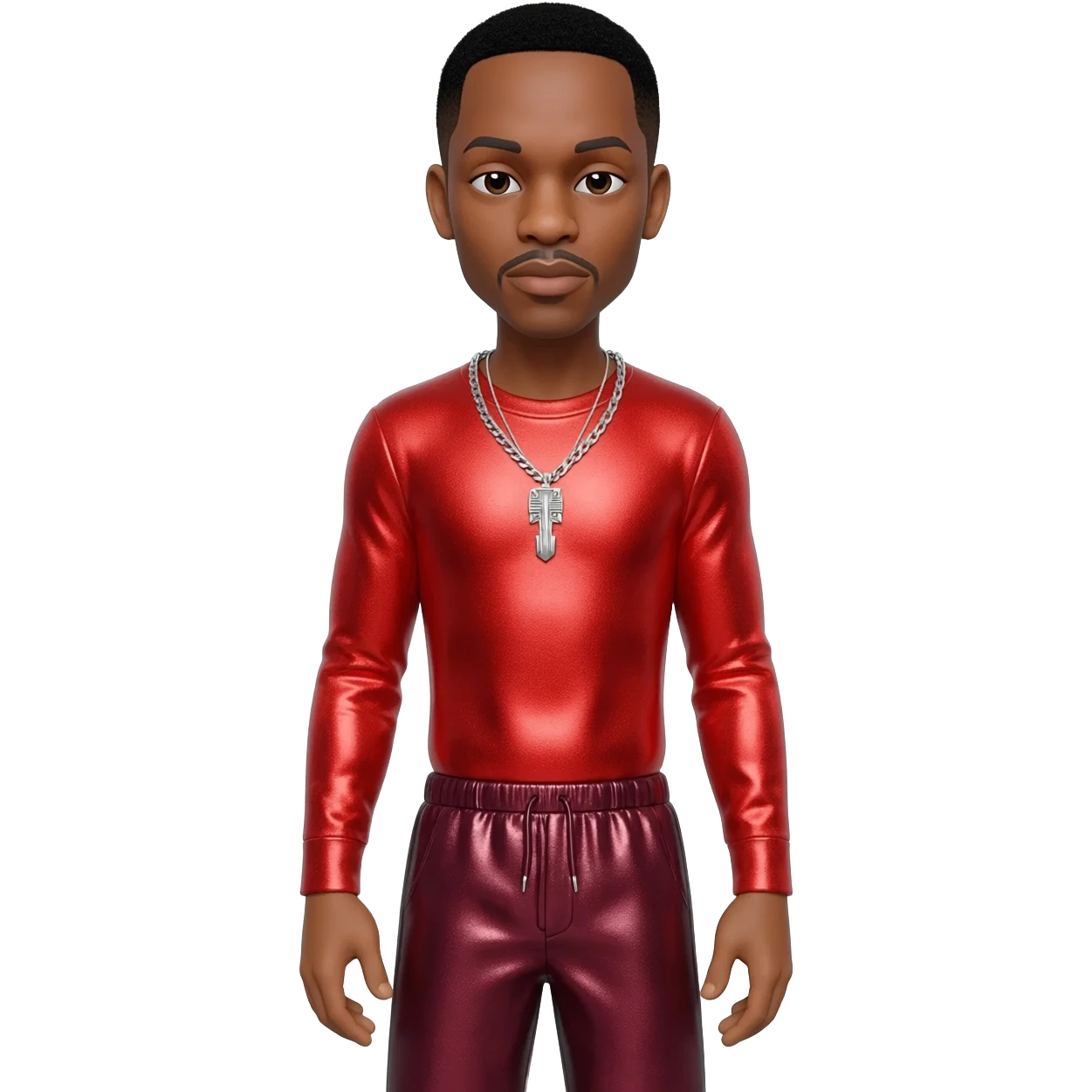 Ginuwine with black short hair, red metallic sleeve shirt, burgundy metallic baggy pants, silver necklace emoji