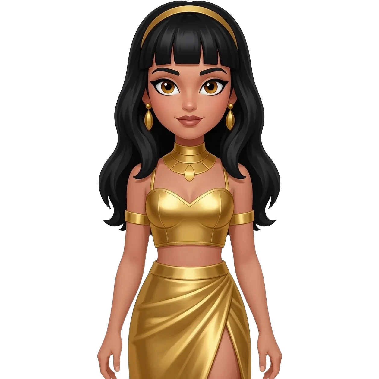 Cleopatra with hazel eyes, long black hair, gold metallic sweetheart crop top, gold metallic long asymmetrical skirts, gold necklace and earrings emoji