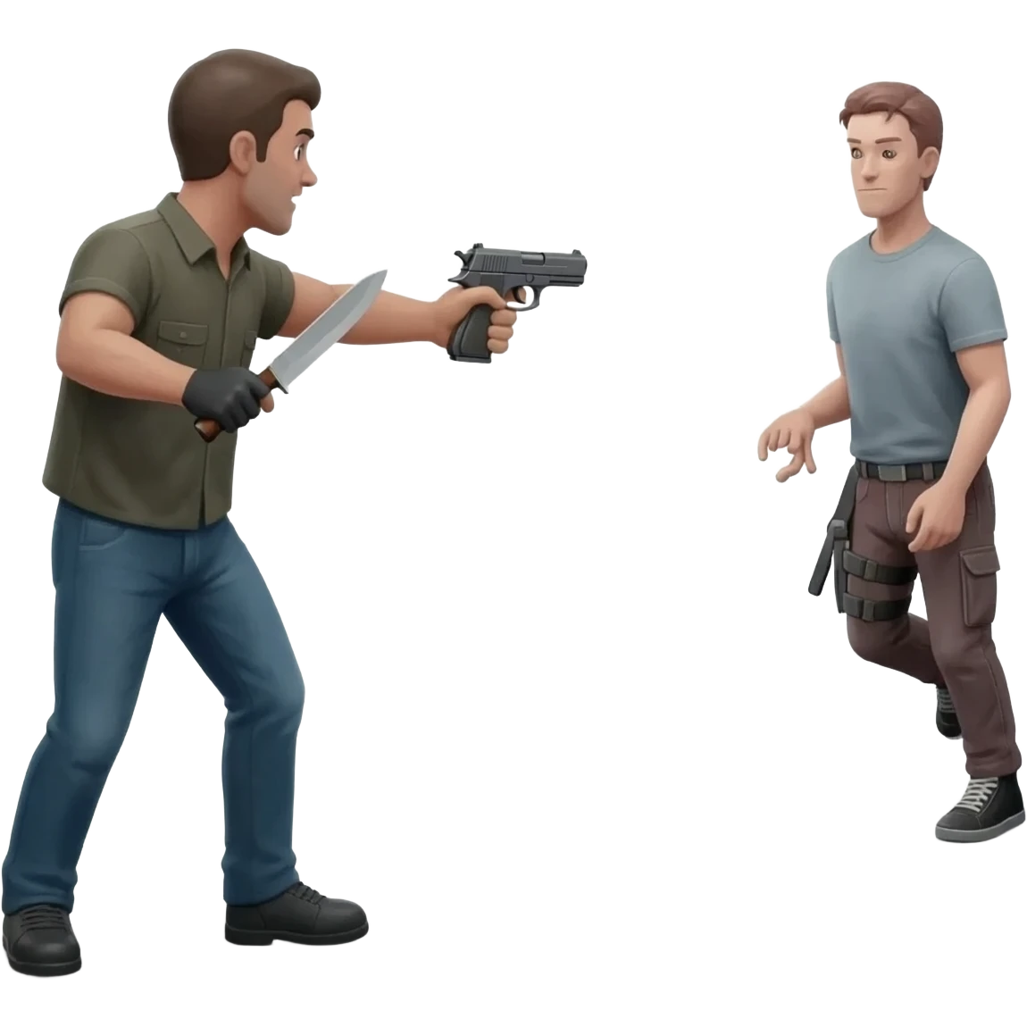 A emoji thats holding a gun and a knife while theres another emoji far away and the emoji with the gun and knife points the gun at the emoji with nothing and the emoji with the gun and knife is ready to throw the knife emoji