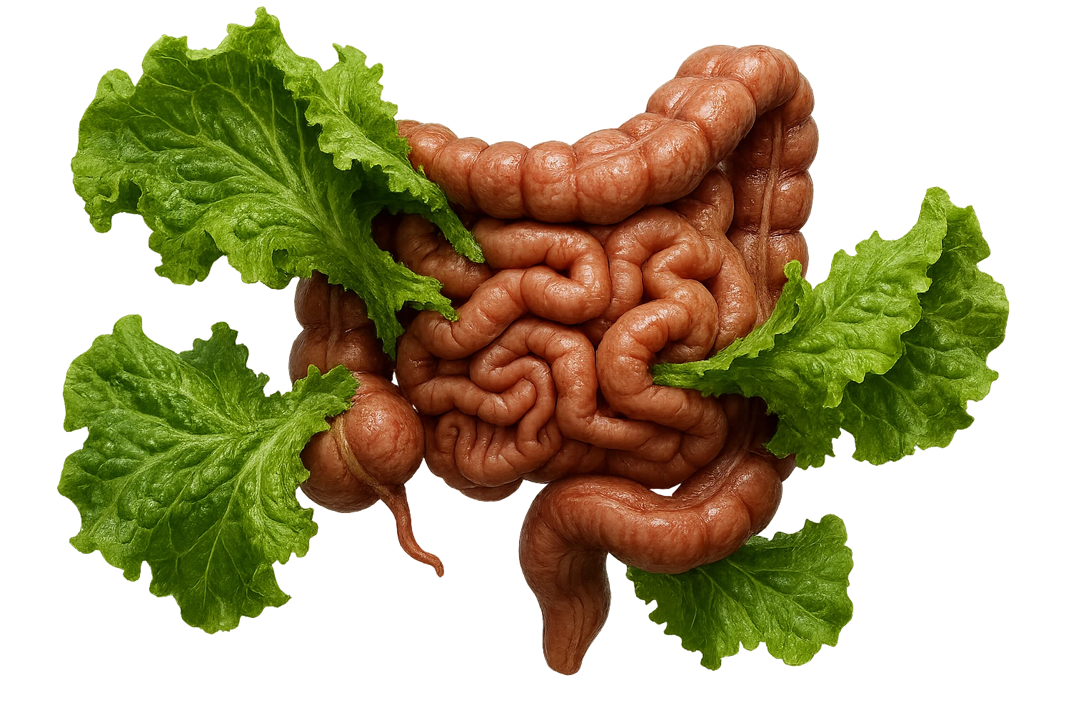 foglie di insalata che attaccano un intestino anatomico umano per distruggerlo, iperrealistico emoji