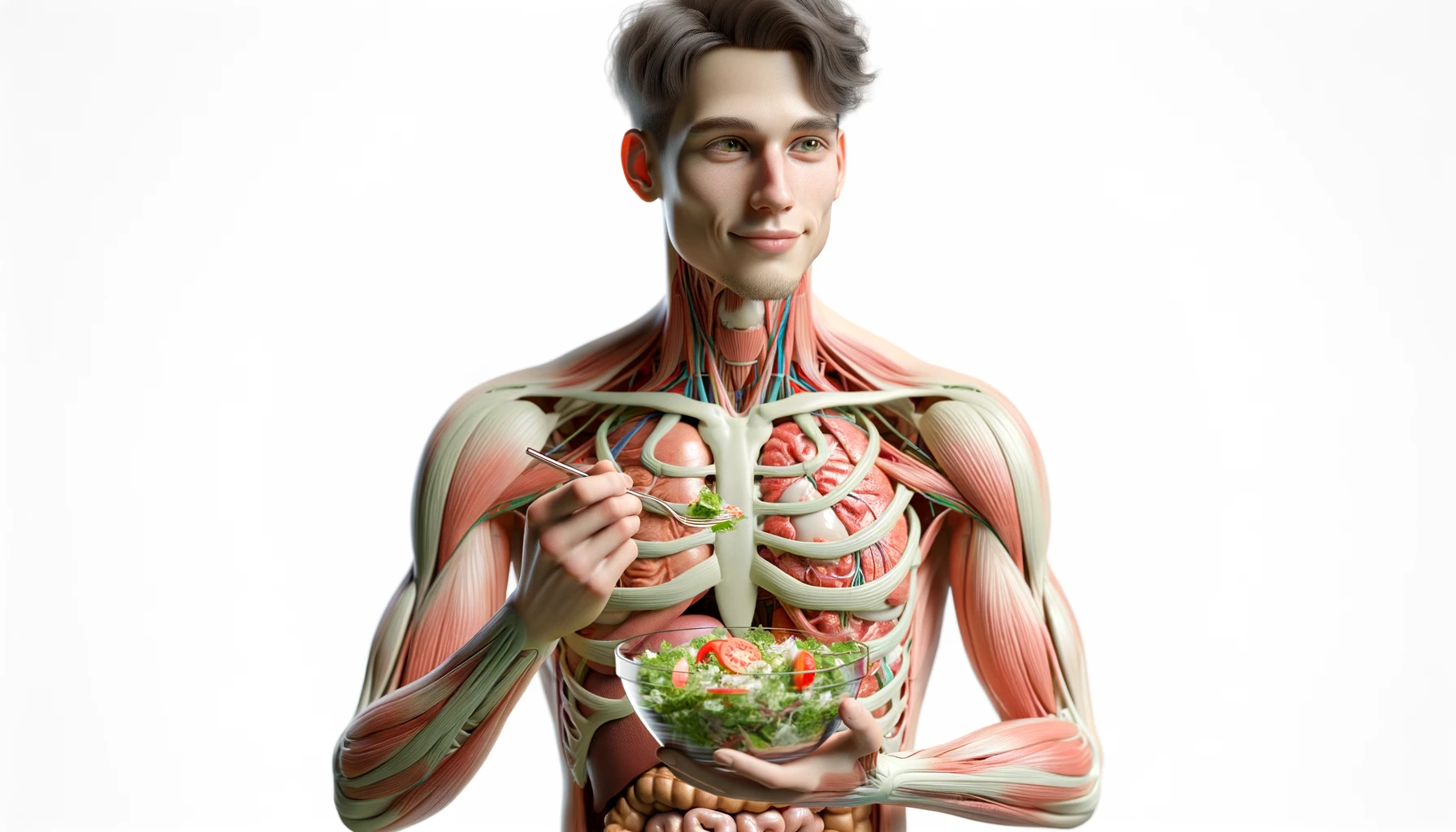 corpo umano anatomico con capelli corti che mangia un insalata con espressione serena in volto, organi sani in evidenza, iperrealistica 4k, isolato su sfondo bianco emoji