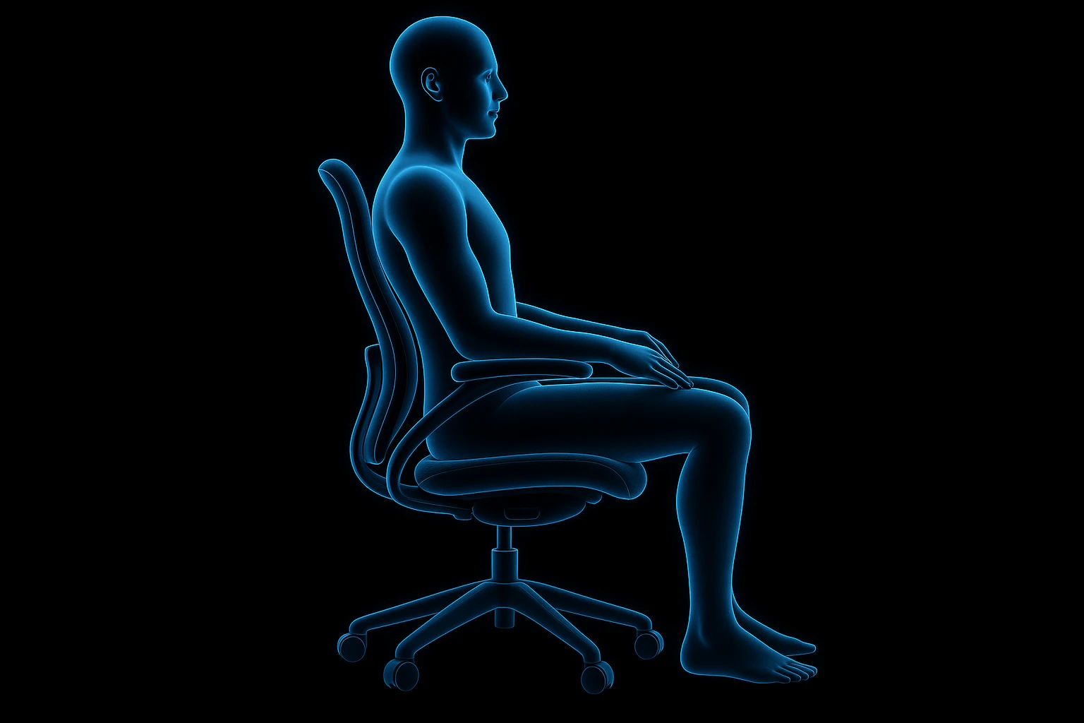 person sitting on ergonomic chair with perfect posture, comfortable and relaxed, black solid background (Inspire style graphic i send you) emoji