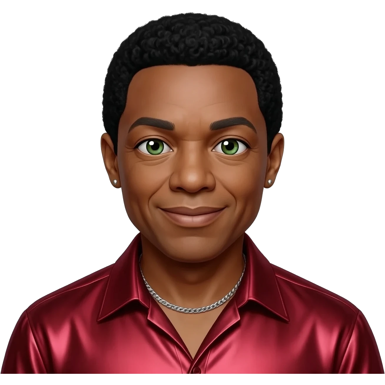 Smokey Robinson with hazel-green eyes, black hair, ruby red metallic shirt, silver necklace and short earrings emoji