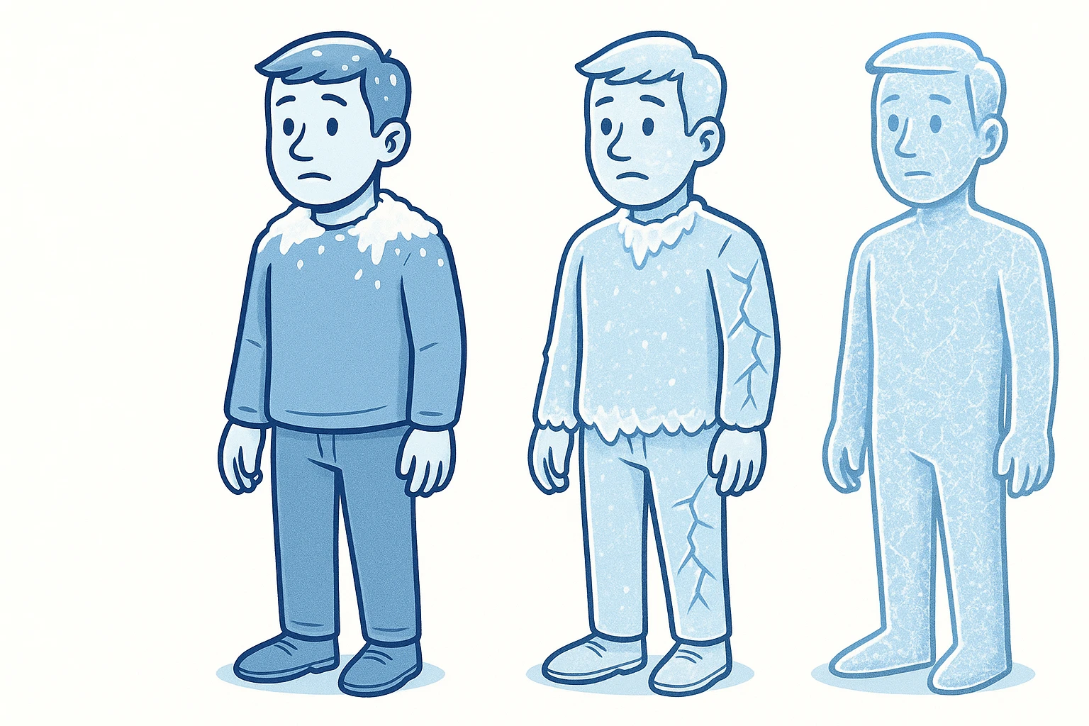 a man slowly turning to ice, each stage more frozen, cartoon style, blue and white color palette emoji