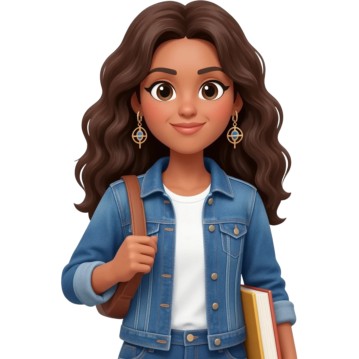 Woman with long brunnette hair, light brown skin, she is using a denim jacket with a white shirt and funky earrings and she is carrying books emoji