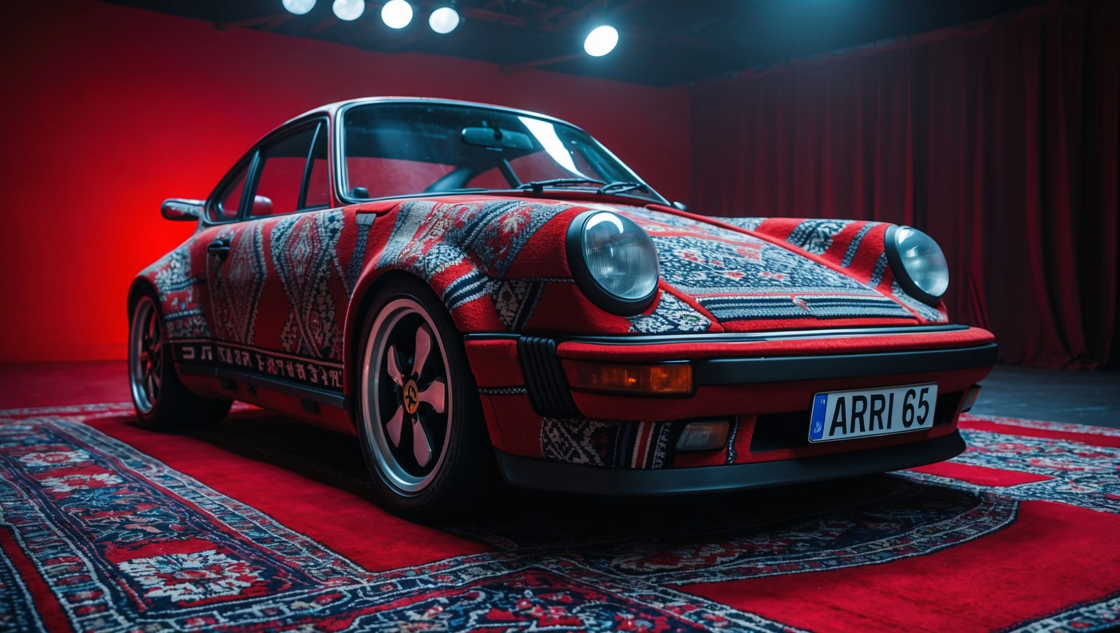 Closeup shot of a porsche 911, body of car made of russian carpet with patterns, red solid studio background, very dark room, top low key light, dutch angle, haze, captured by ARRI 65 emoji