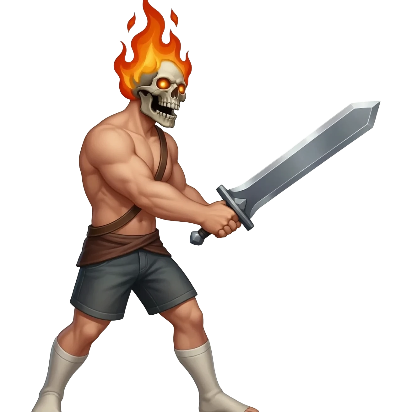A 4 stage sprite sheet of a man with a burning skull head, show the 4 stages of him attacking with his large sword, shirtless wearing shorts, full body, facing right emoji
