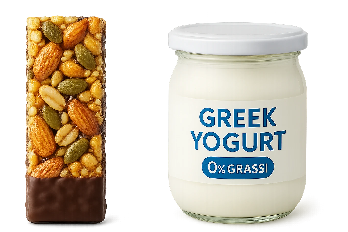 BARRETTA ENERGETICA E BARATTOLO DI YOGURT GRECO CON  LA SCRITTA "0% grassi" SULL'ETICHETTA  , ISOLATA SU SFONDO BIANCO emoji