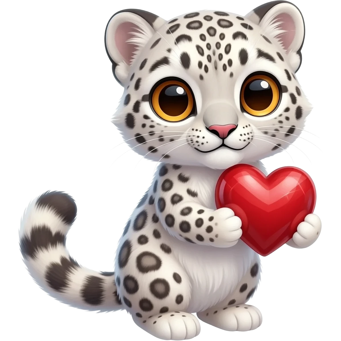 A Cute Snow Leopard holding a heart emoji