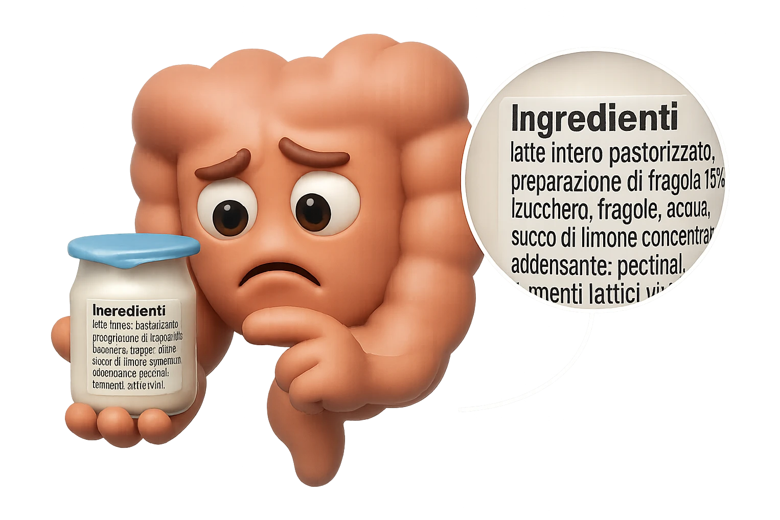 EMOJI STILE IPHONE 3D DI UN INTESTINO CHE HA IN MANO UN BARATTOLO DI YOGURT CONFEZIONATO DA SUPERMERCATO E LEGGE L'ETICHETTA NUTRIZIONALE CON GLI INGREDIENTI IN ITALIANO, ACCANTO ALLO YOGURT CHE HA IN MANO C'è UN FOCUS SULL'ETICHETTA CON GLI INGREDIENTI SCRITTI, FAGLI UN ESPRESSIONE CONFUSA MENTRE LEGGE E FALLO MOLTO REALISTICO IN 3D emoji