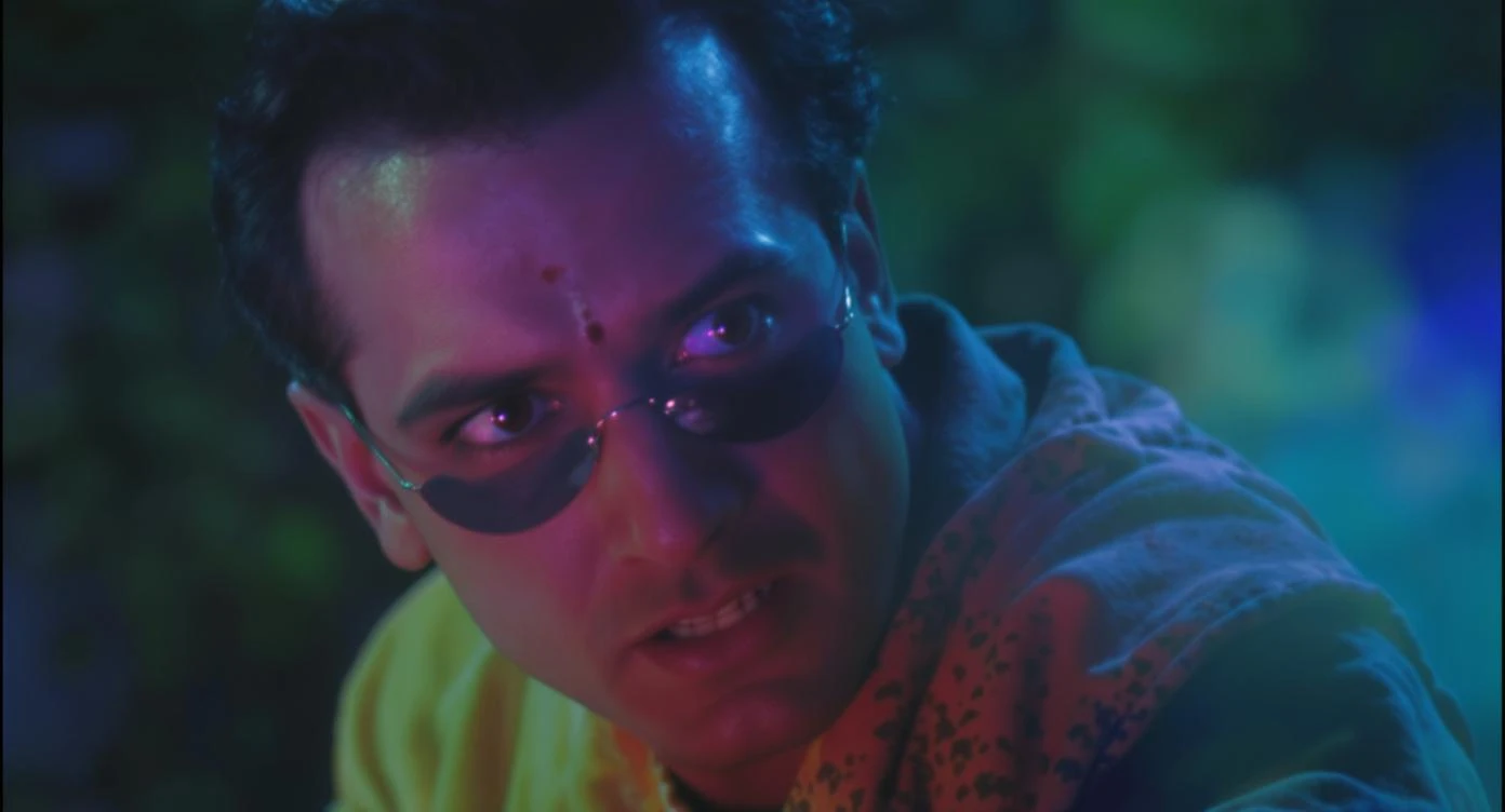 A cinematic screengrab from 1990 Indian Bollywood film called 'Batman', Sony Alpha a7 III camera, colorful  emoji