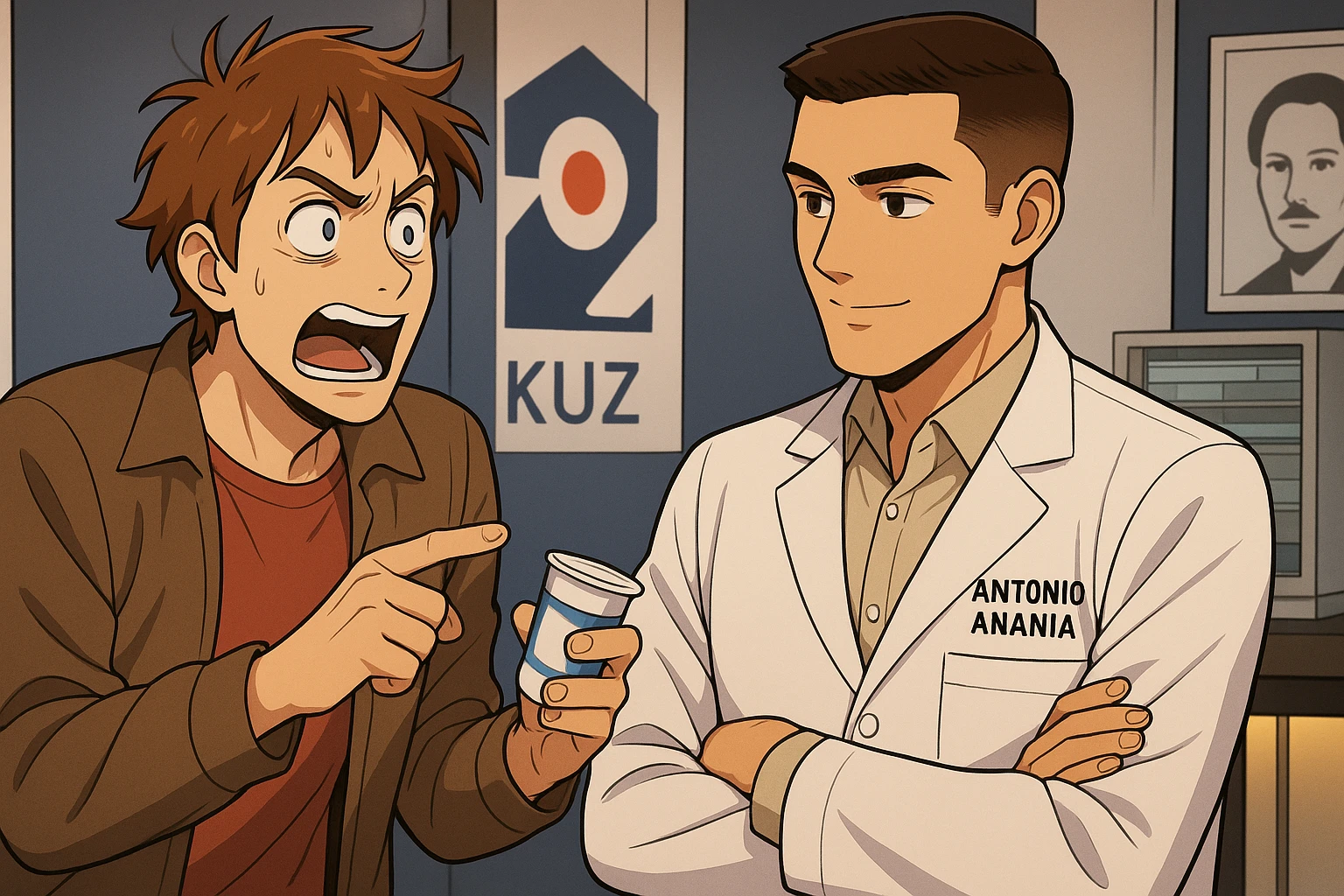 fai un webtoon manga a colori con questo stile, in cui un uomo chiede al kinesiologo con il camice bianco (fagli anche la scritta "ANTONIO ANANIA" SUL CAMICE, una domanda e il kinesiologo gli risponde, L'UOMO INDICA LO YOGURT CHE HA IN MANO ED è MOLTO ALLARMATO NEL FARE LA DOMANDA. non fare i fumetti però, fai solo in modo che sembri stiano parlando emoji