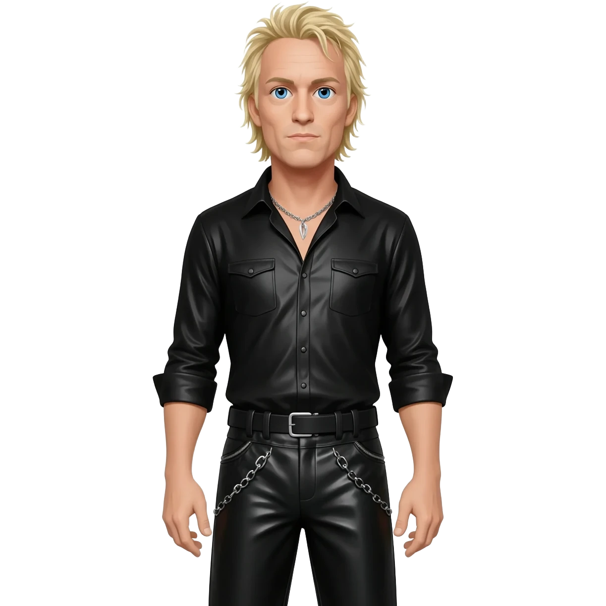 James Hetfield with blue eyes, blonde hair, black metallic shirt, black metallic baggy pants, silver necklace emoji