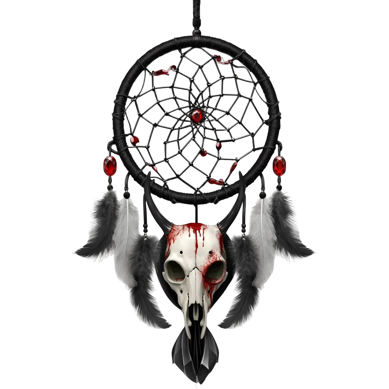 Blood-red, bloody, obsidian-black, edgy, dream catcher, red gemstones, black wire, black threads, animal skull, white feathers, badass, evil, gorgeous aesthetic, gothic decoration emoji