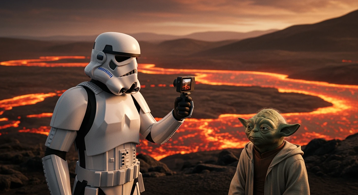 Cinematic still, Shot on vlog camera, Starwars stormtroopers vlogging , he is walking on lava planet with yoda emoji