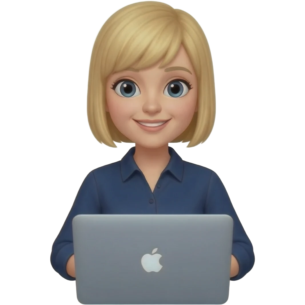 создай эмодзи девушки блонинки прическа карешка она работает на мак буком ее глдобавь рядлом надпись  "административный помощник" emoji