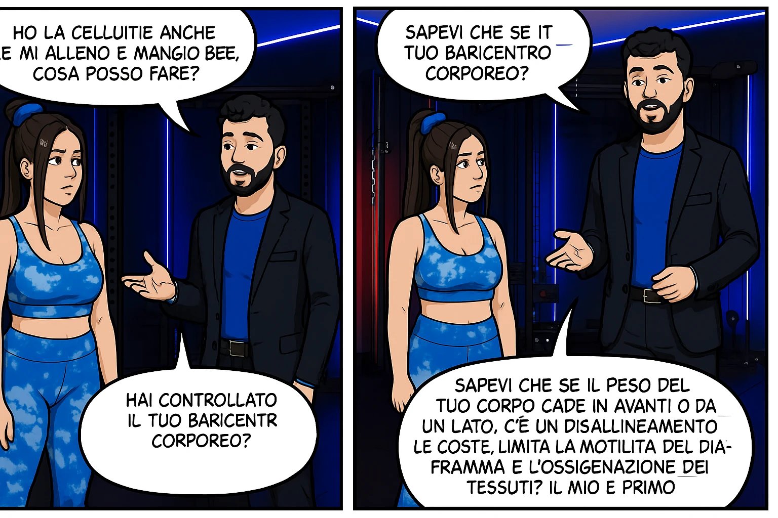 TRASFORMA QUESTO CAROSELLO IN UN FUMETTO CON QUESTE DUE PERSONE IDENTICHE CHE INTERLOQUISCONO TRA LORO:

LEI: Ho la cellulite anche se mi alleno e mangio bene, cosa posso fare?

LUI: Hai controllato il tuo baricentro corporeo?
Sapevi che se il peso del tuo corpo cade in avanti o da un lato, c’è un disallineamento fra bacino e torace, che comprimendo le coste, limita la motilità del diaframma e l’ossigenazione dei tessuti?
Il mio è il primo e unico percorso che lavora sugli inestetismi con un lavoro mirato sul baricentro corporeo. emoji