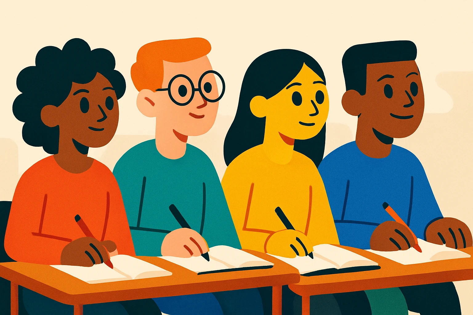 four diverse students sitting attentively following a course, studious atmosphere, modern illustration style, simple background emoji