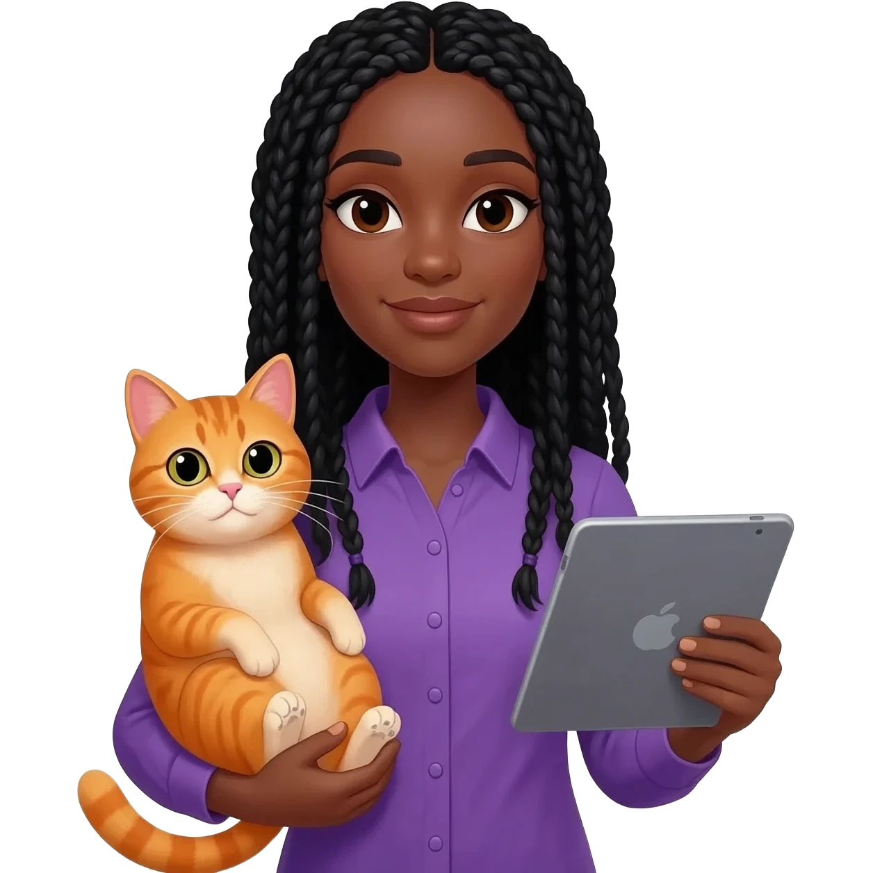 Émoji représentant une femme peau marron avec des longues nattes noires, une belle chemise violette, tenant un chat orange dans une main et une tablette dans l'autre emoji