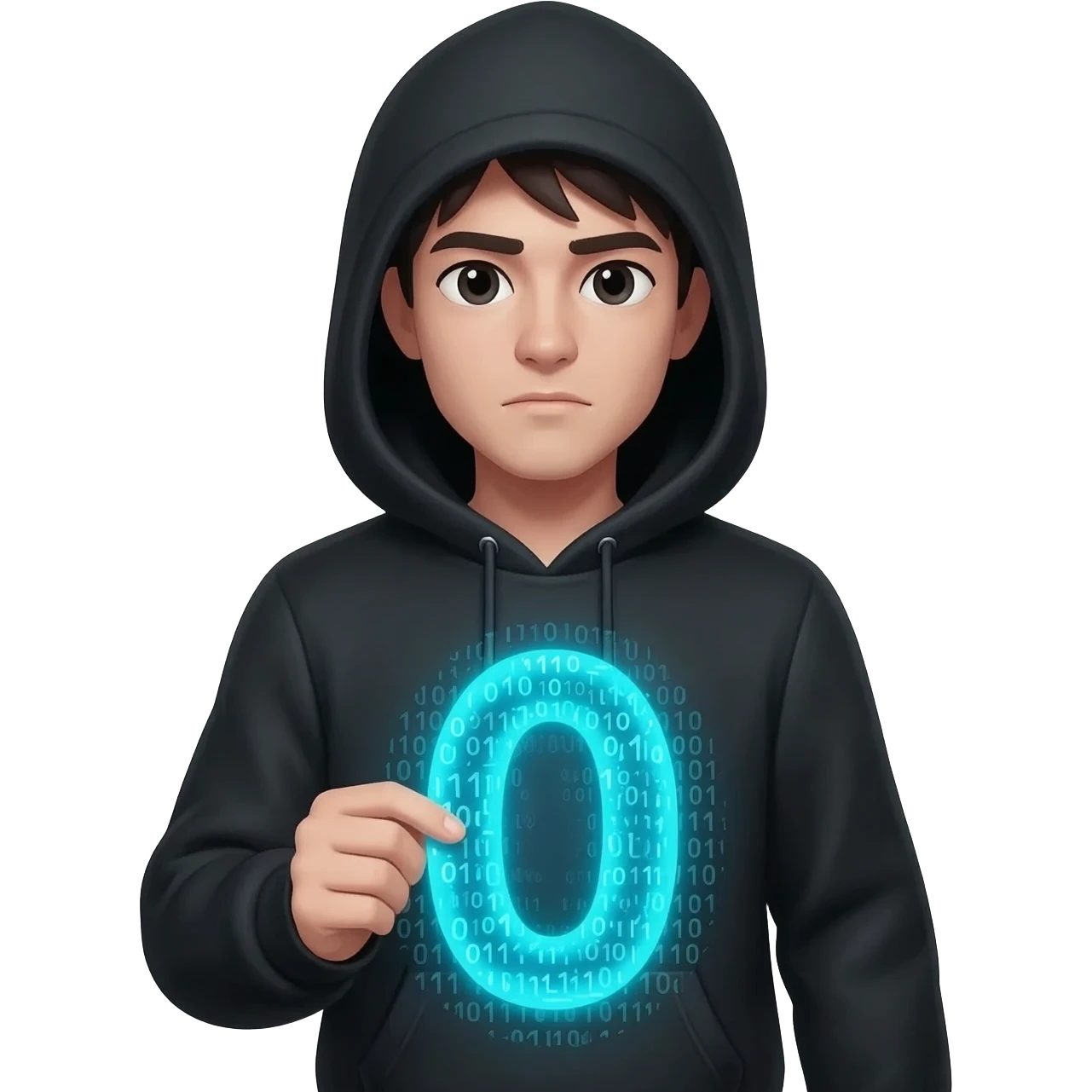 I need emoji for my new discord server, the name of the server is Zer0s and 0nes, I love the binary system and "hacker" look, like a guy with a hoodie, make sure the face is present and looks like a human being and the hoodie is natural and black. Make it oriented around the number 0. emoji