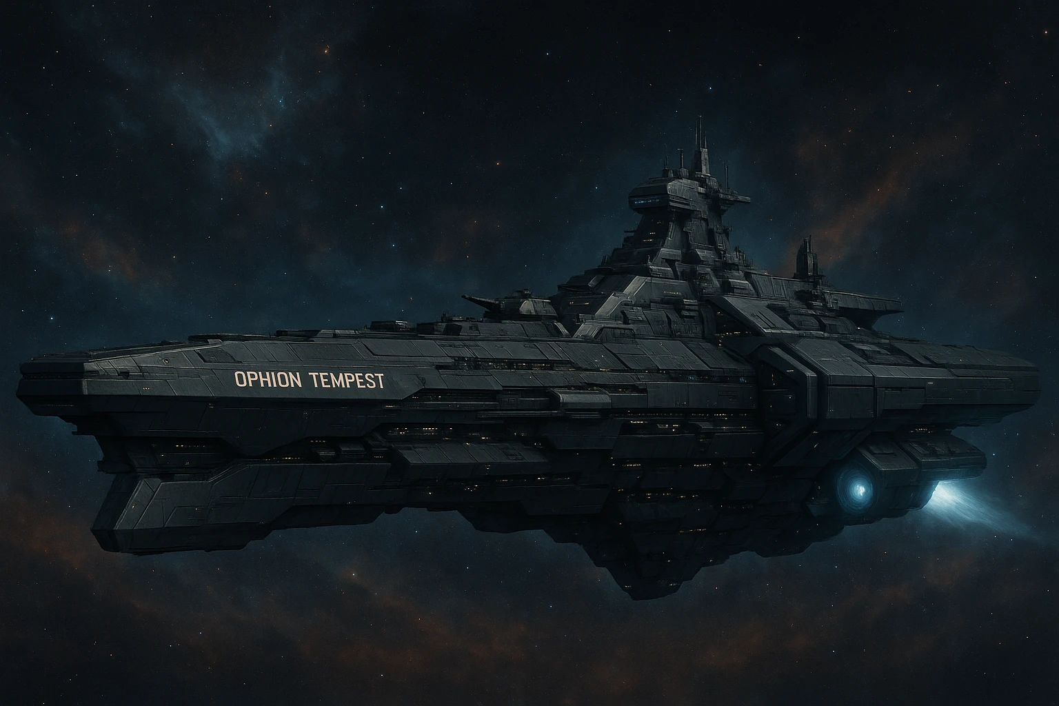 capital class space cruiser supercarrier of Zrian [human] origins, named the "Ophion Tempest" emoji
