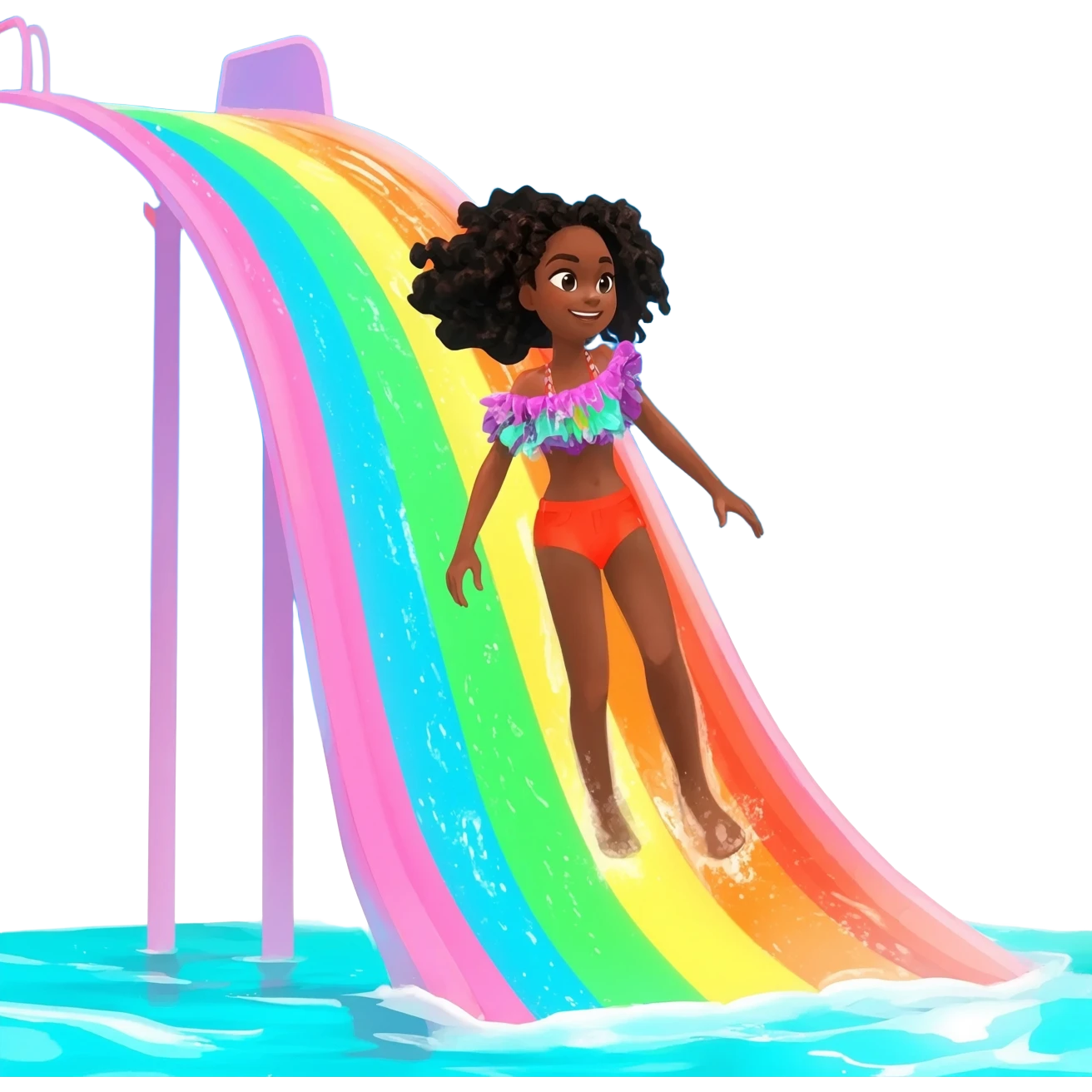 black girl rides a slide in a water park emoji