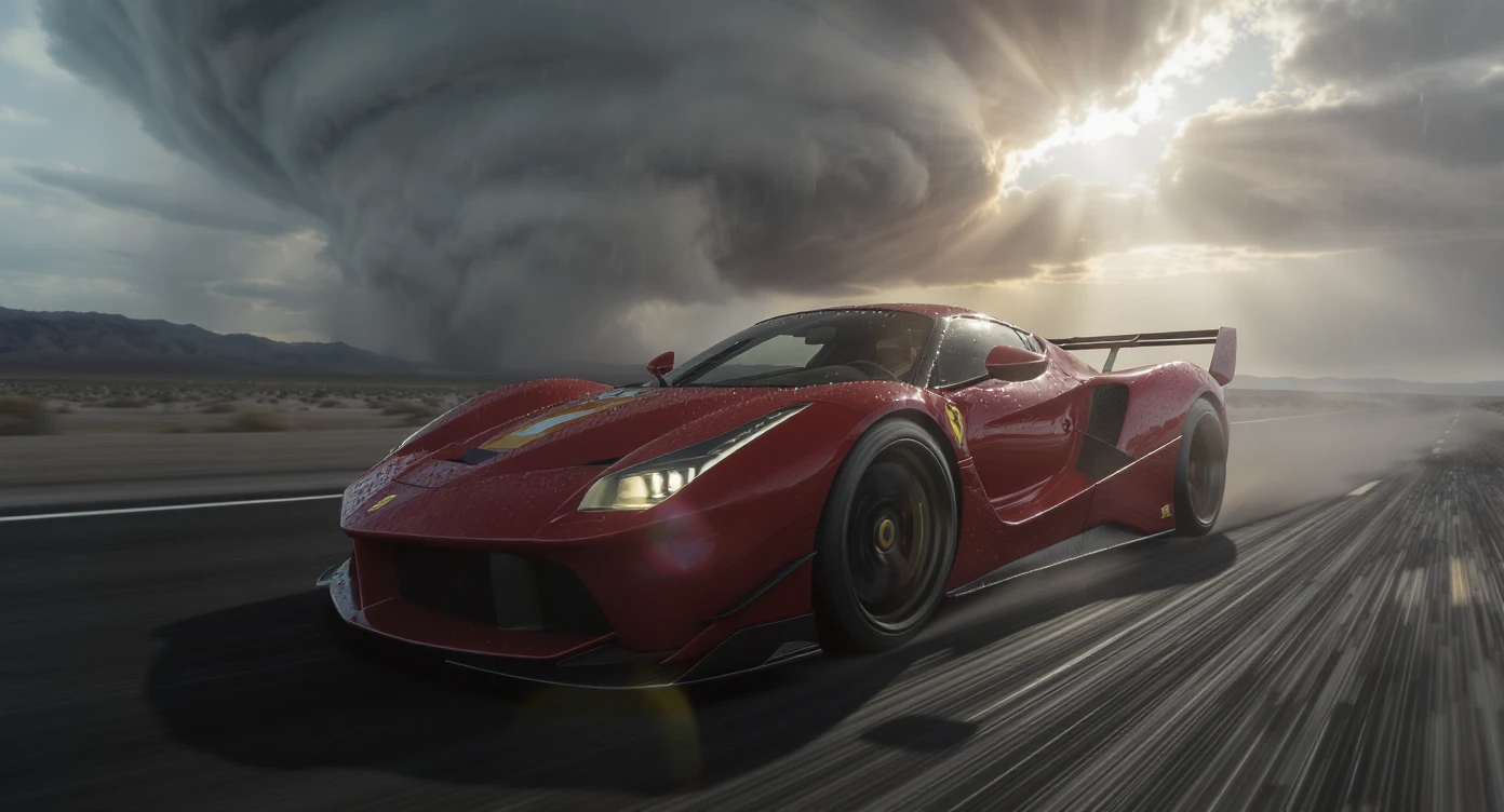 Cinematic still of a ferrari f40 around tornado od arizona desert, sun flare, captured by gopro hero with effect fisheye, water drops on car body, detailed, inspired by interstellar look, captured by a RED Weapon 8K emoji