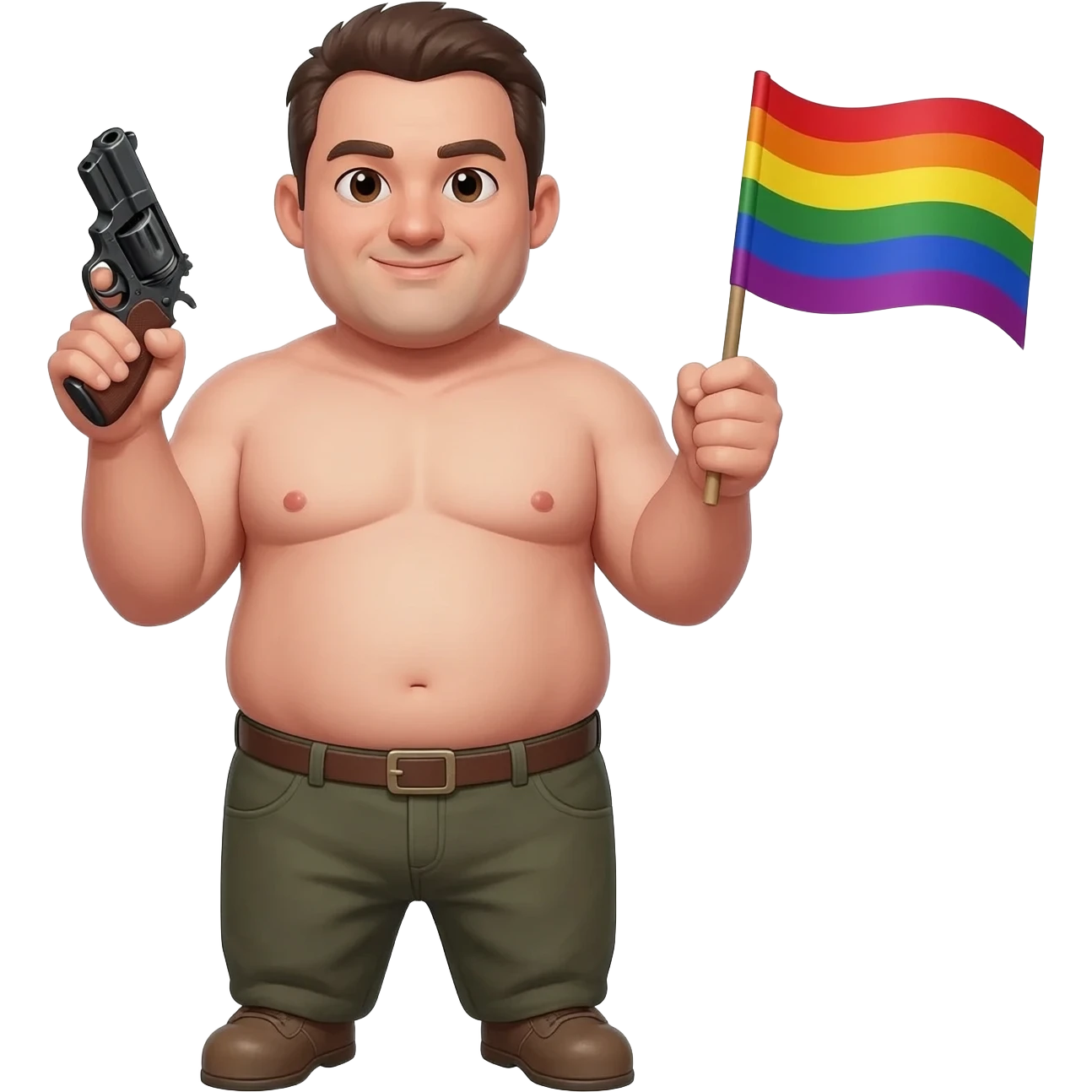 Can you make a fat, naked man holding a gun and a pride flag in the other hand? emoji