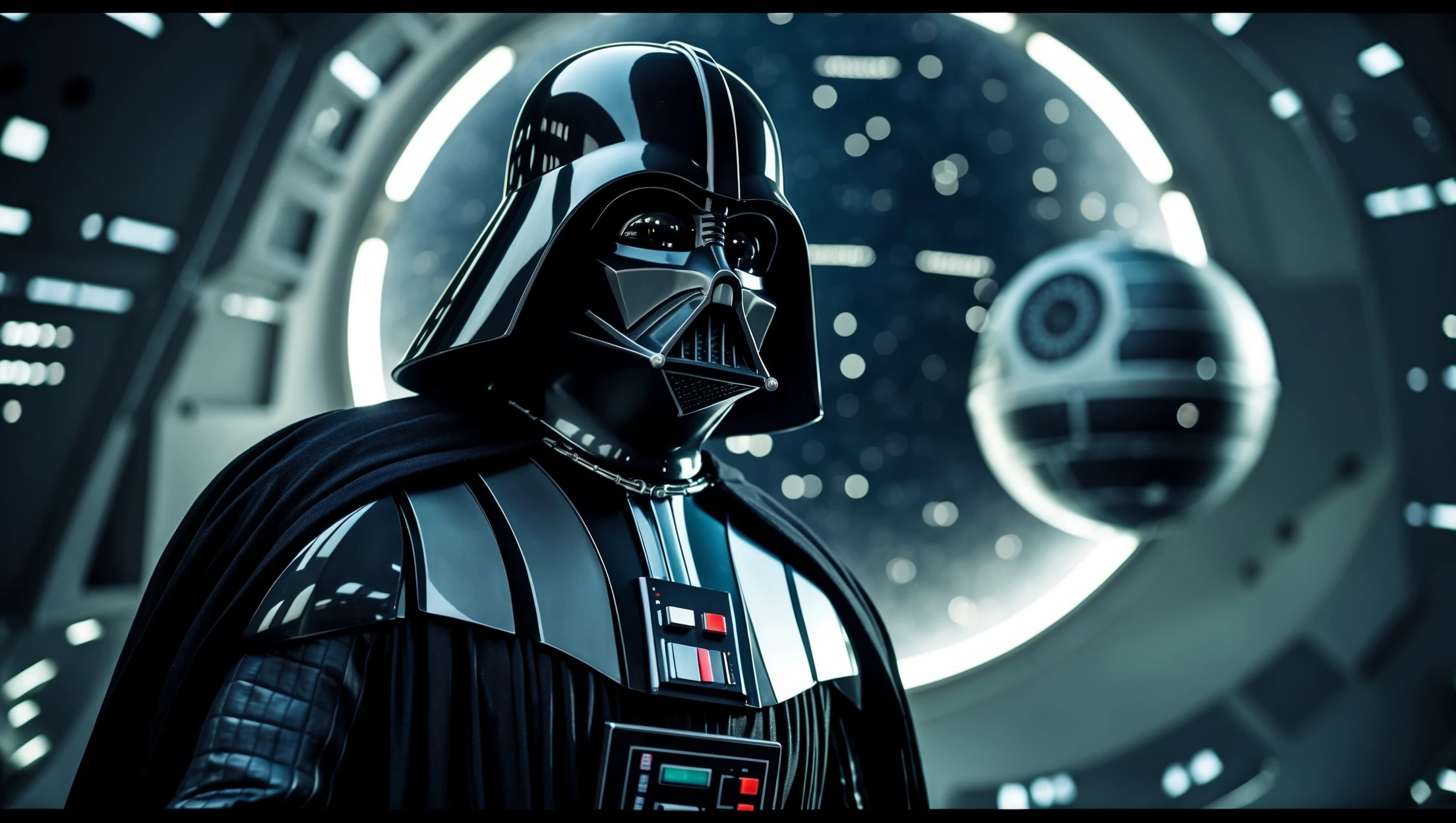 cinematic still, documentary photography, space and death star, well lit scene, Darth Vader floating in space, close up, front shot, rule of thirds emoji
