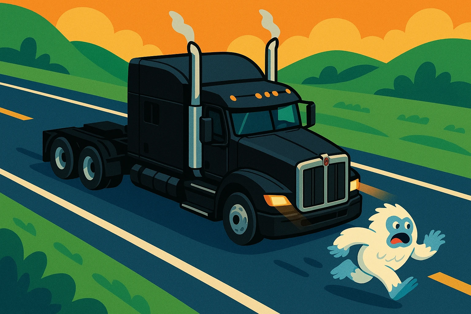 top-down animated style of a modern black Kenworth W680 flat top semi sleeper with stacks chasing a small yeti abominable snowman down a highway, fun and lively, no text emoji